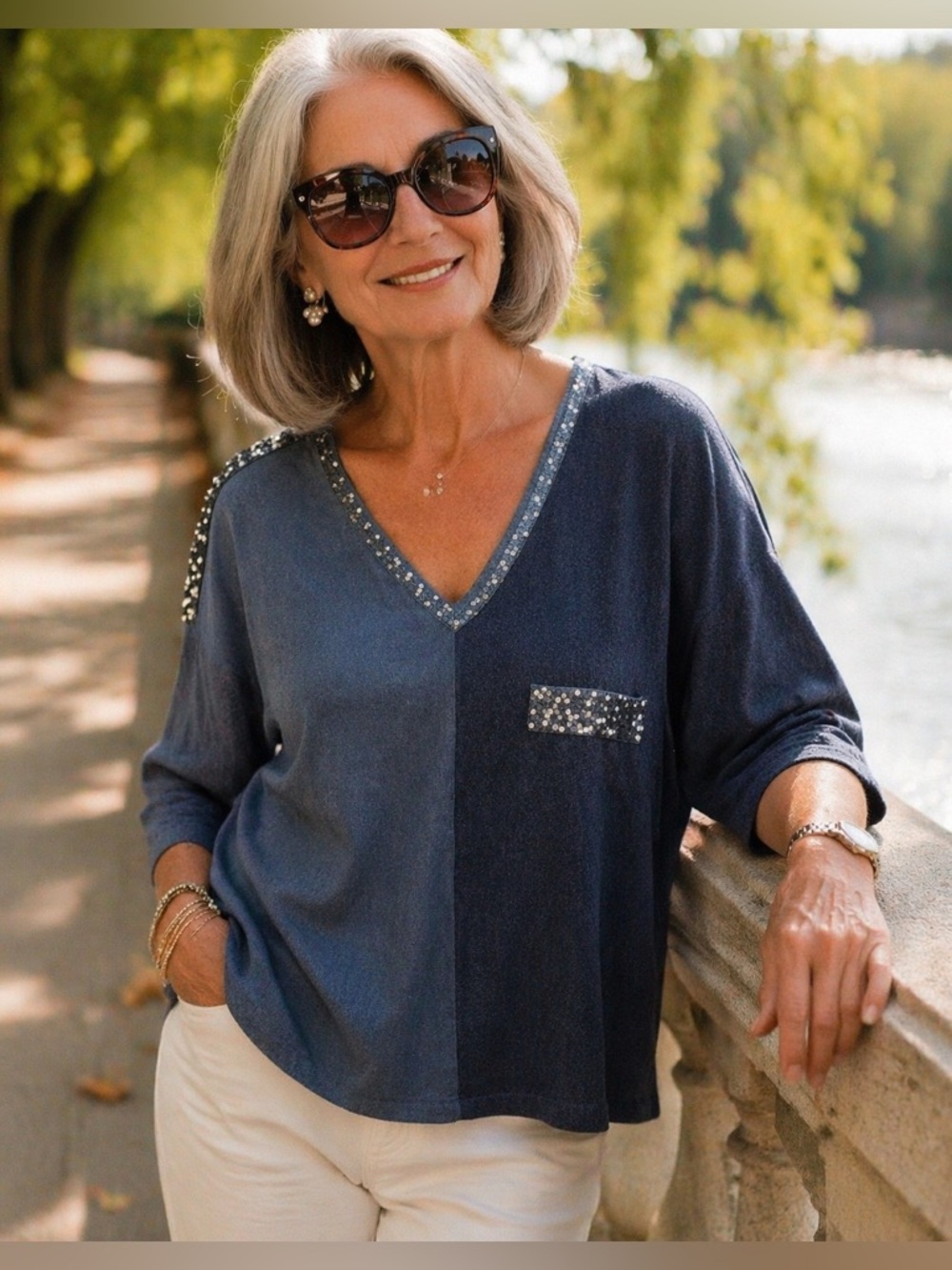 Sequin-Trim Two-Tone Blue V-Neck Blouse